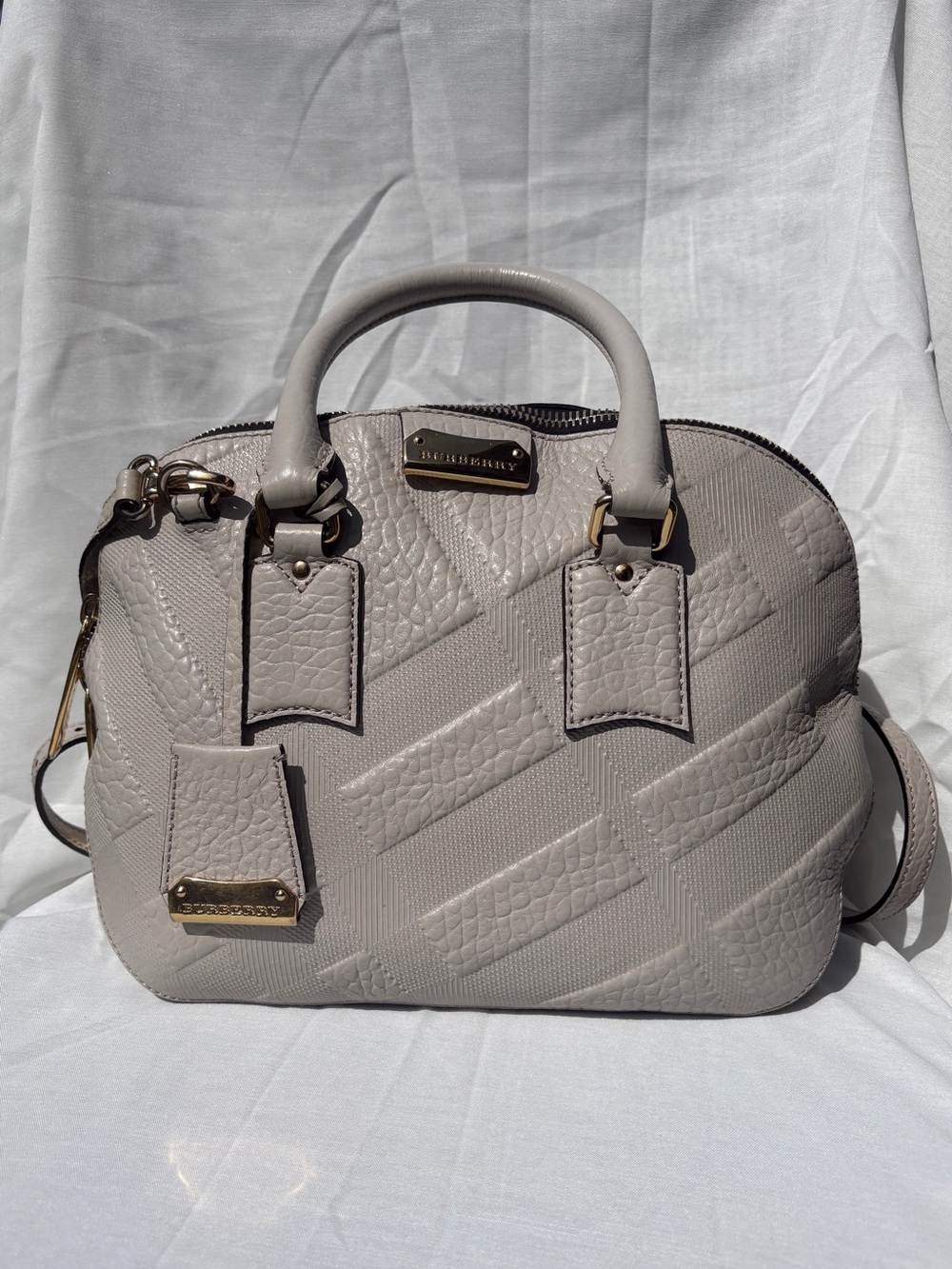 Burberry Orchard Pale Grey Medium Embossed Check Calf Leather Bowler Bag
